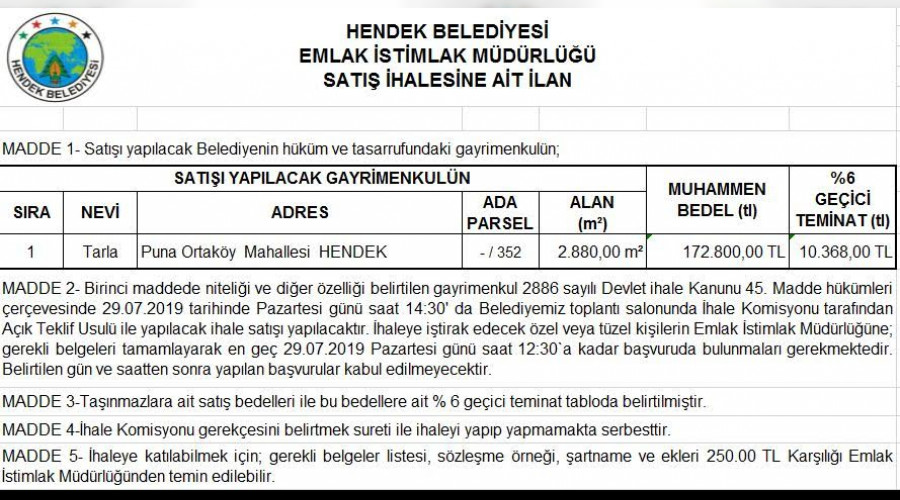 Hendek'te açık teklif usulü ihale