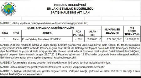 Hendek'te açık teklif usulü ihale