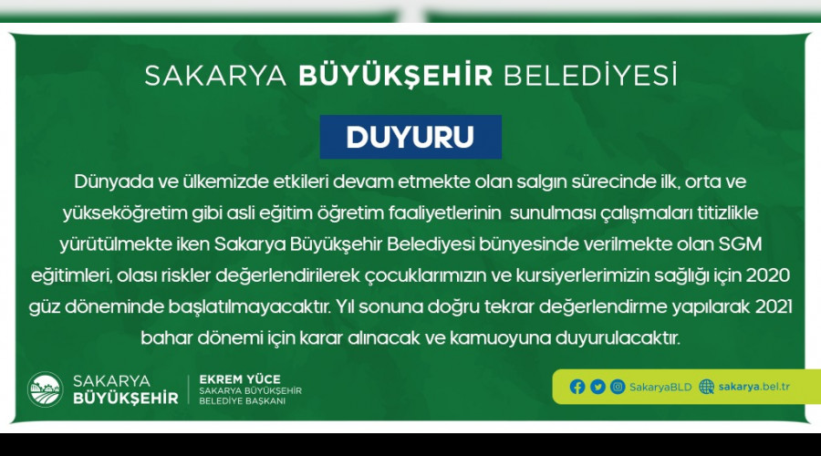 SAKARYA BÜYÜKŞEHİR'DEN DUYURU